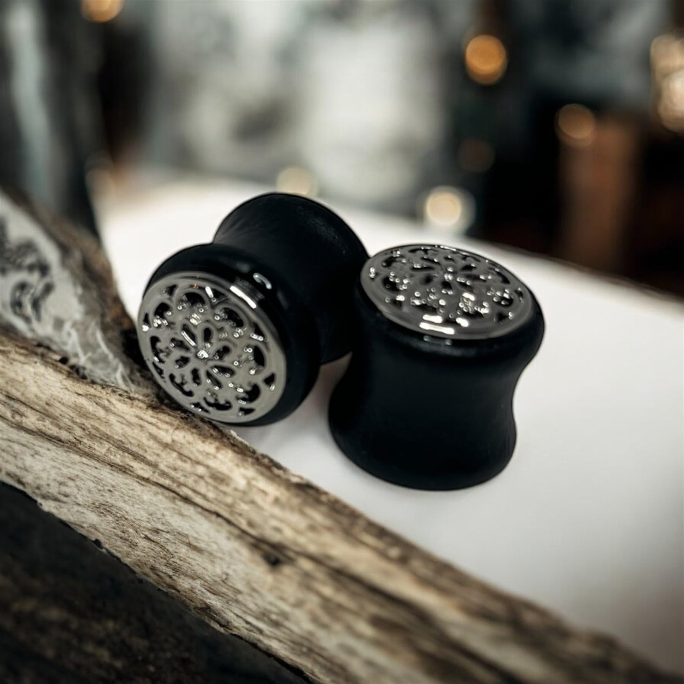 Flower Ebony Wood Double Flare Tunnel Gauges