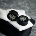 Double Flared Black Wood Saddle Plug With Tribal Sun